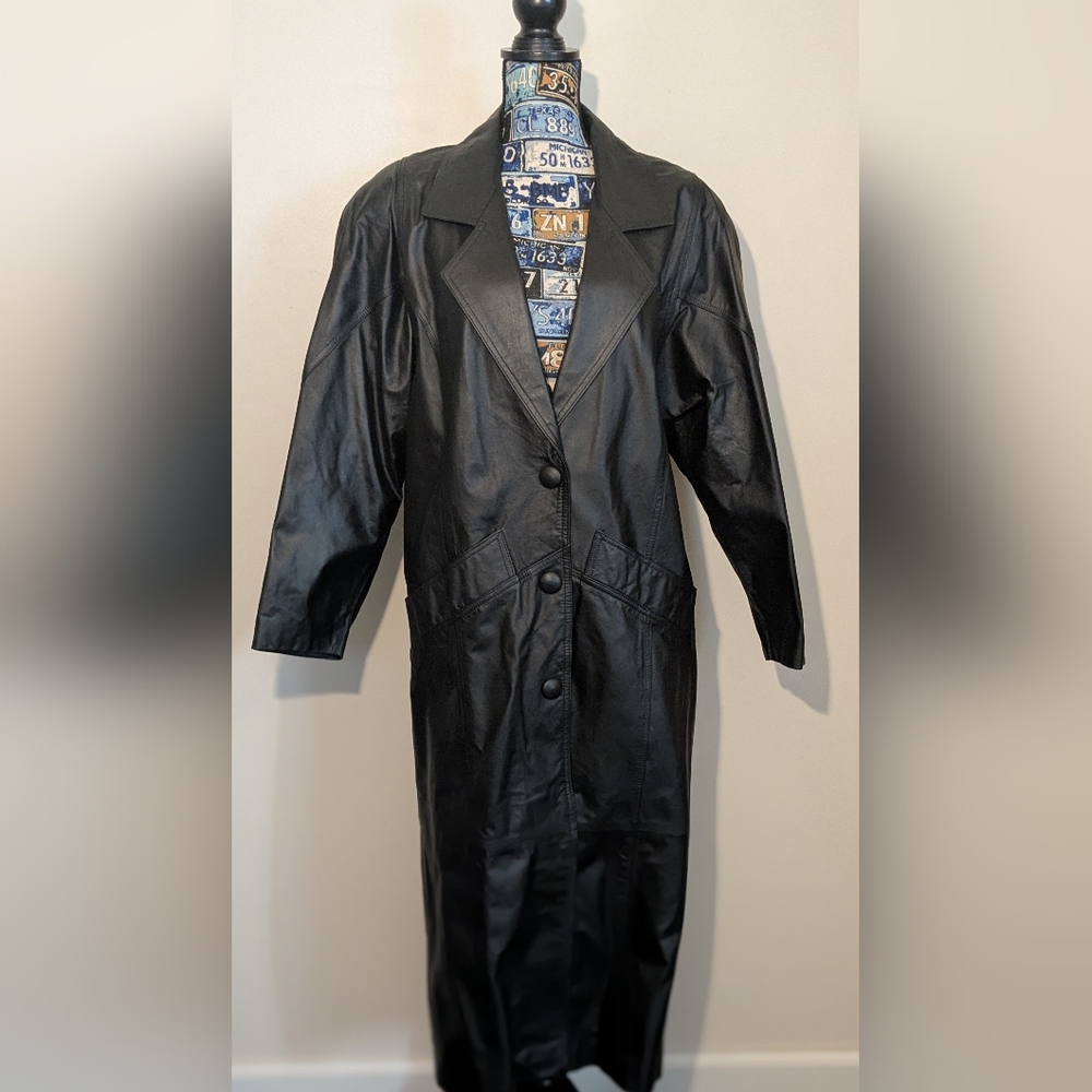 COMINT NWT Vintage Black Genuine Leather Long Maxi Full Length Coat Jacket